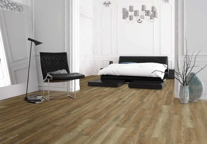 hardwood flooring in a minimalist modern bedroom