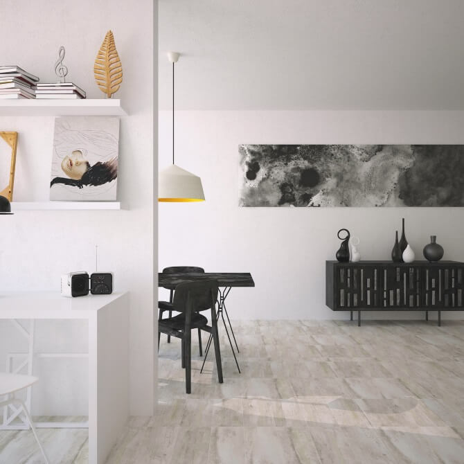 open concept living dining area with tile floor