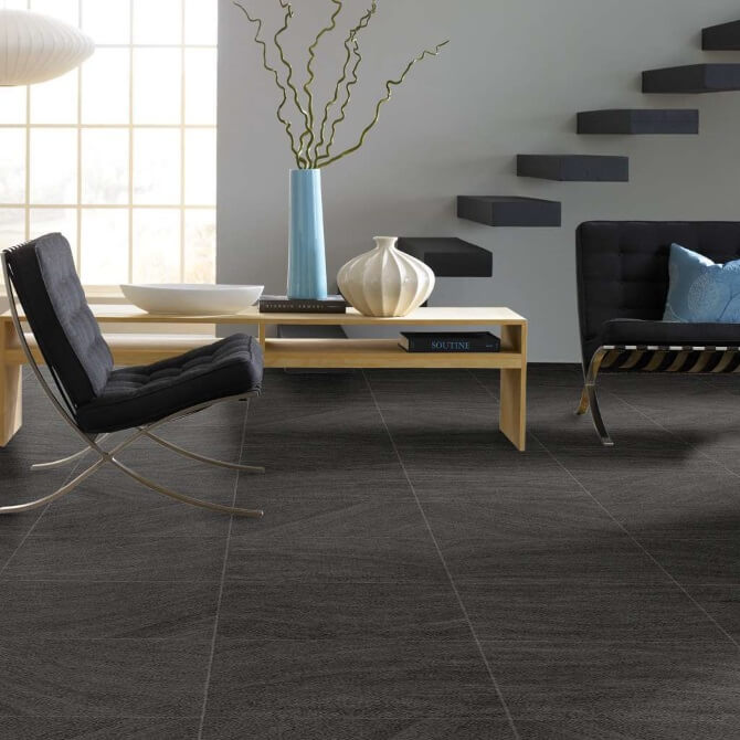 modern living area with dark luxury vinyl tile floor